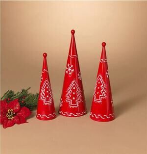 3 Gerson International Metal Holiday Cone Red Christmas Trees Large is 15.75"